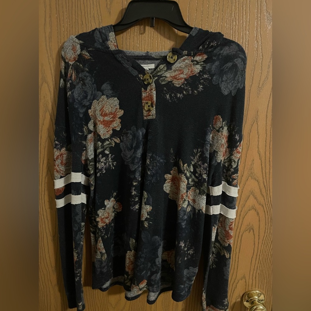 Maurices Navy Floral Hooded Top with Stripe Accents